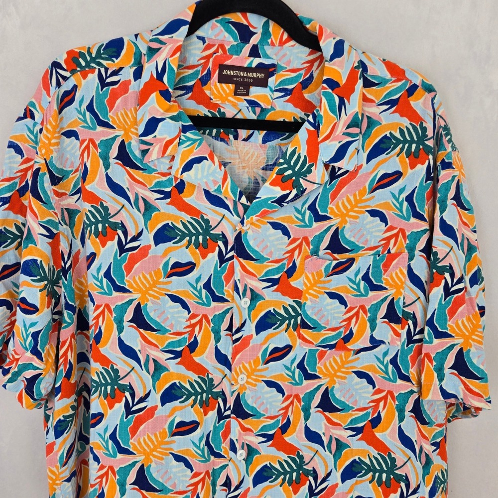 Johnston & Murphy Men XL Tropical Bright Floral Leaf Camp Shirt MultiColor Beach